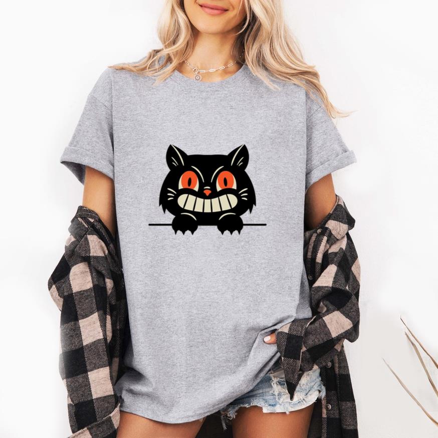 Black Cat With Red Eyes And A Smile Design T-Shirt