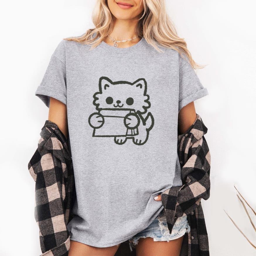 Black Drawing Of A Cat Holding A Gift T-Shirt