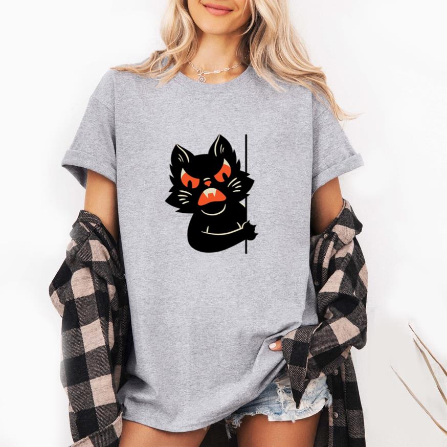 Scary Black Cat With Red Eyes And Fangs Design T-Shirt